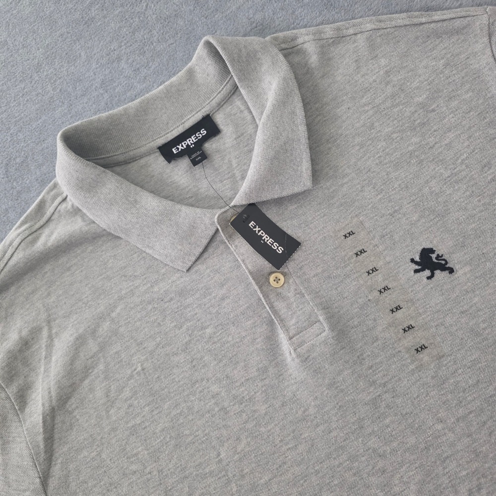 Express Mens XXL Heather Grey Cotton Pique Short Sleeve Lion Logo Polo Shirt NEW